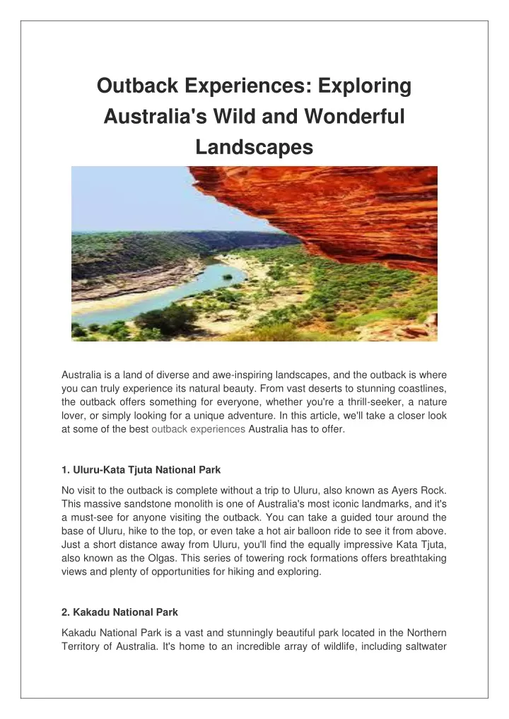 PPT - Outback Experiences Exploring Australia's Wild And Wonderful ...