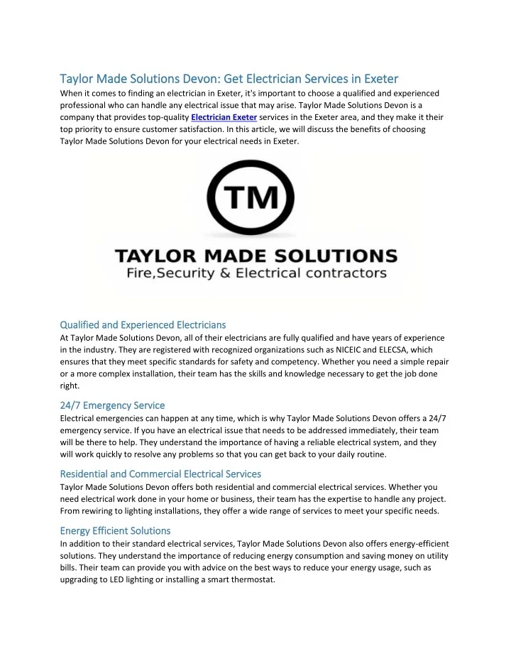 PPT Taylor Made Solutions Devon Get Electrician Services in Exeter
