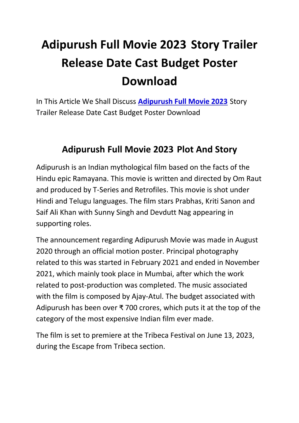 PPT Adipurush Full Movie 2023 Story Trailer Release Date Cast Budget