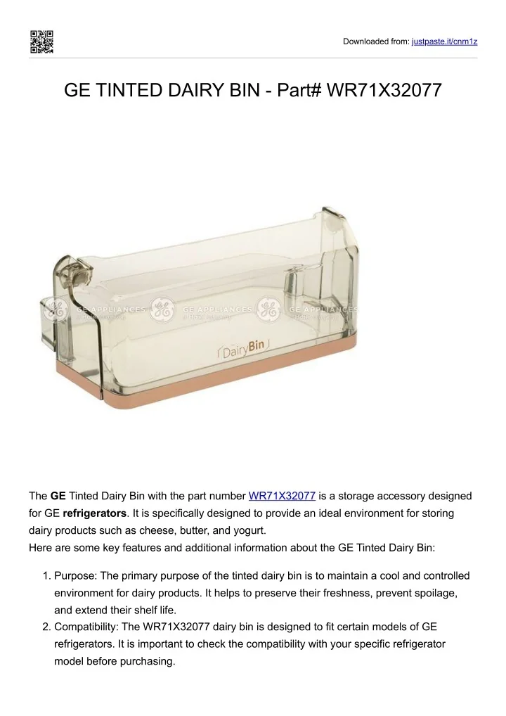 PPT GE TINTED DAIRY BIN Part WR71X32077 PowerPoint Presentation