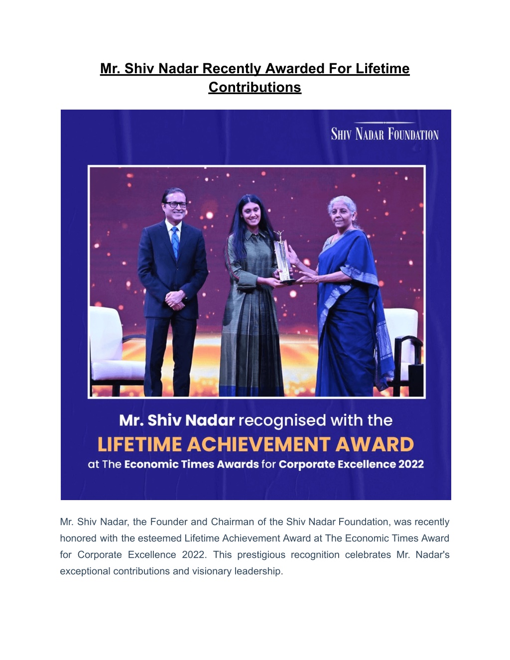 PPT - Mr. Shiv Nadar Recently Awarded For Lifetime Contributions ...