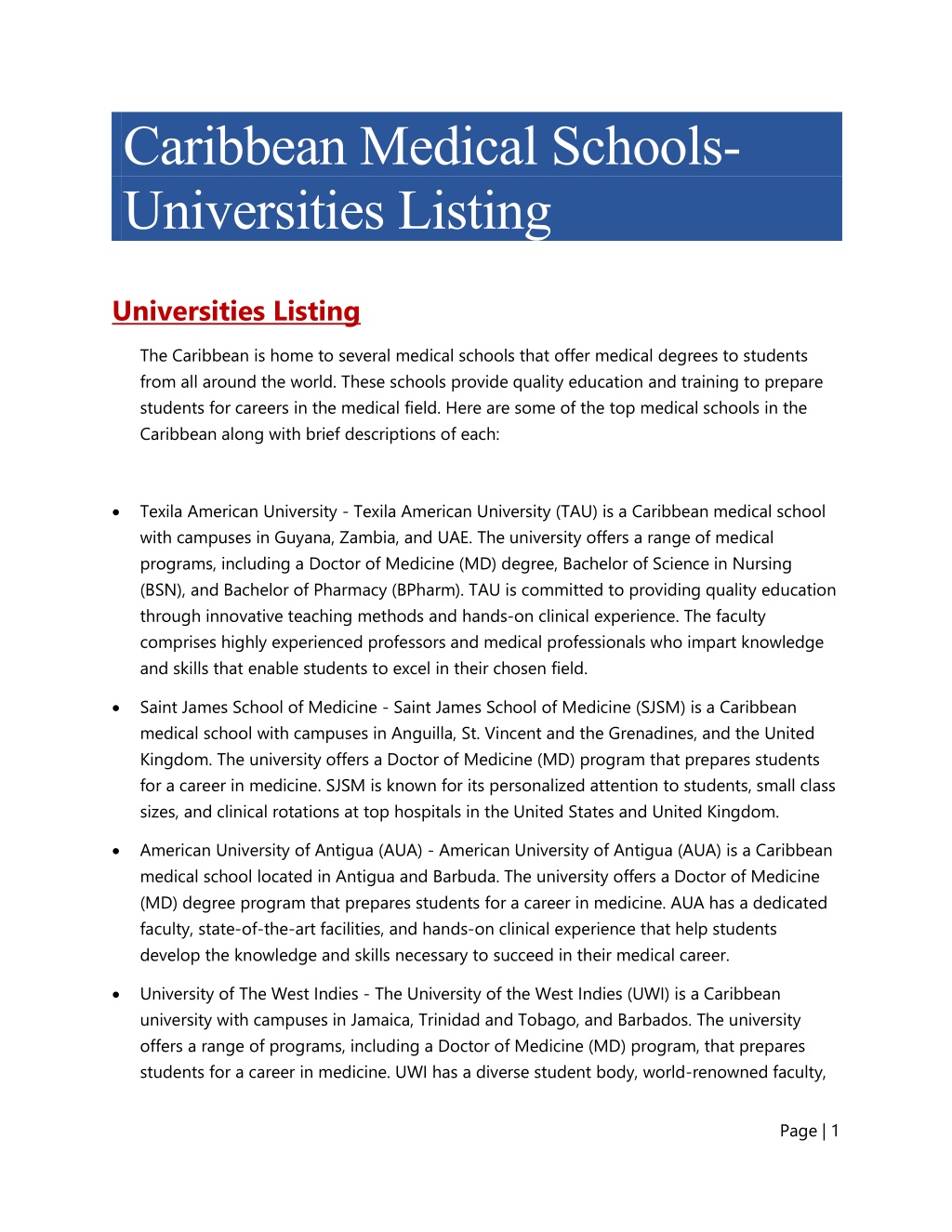 Caribbean Medical Schools Universities Listing L 