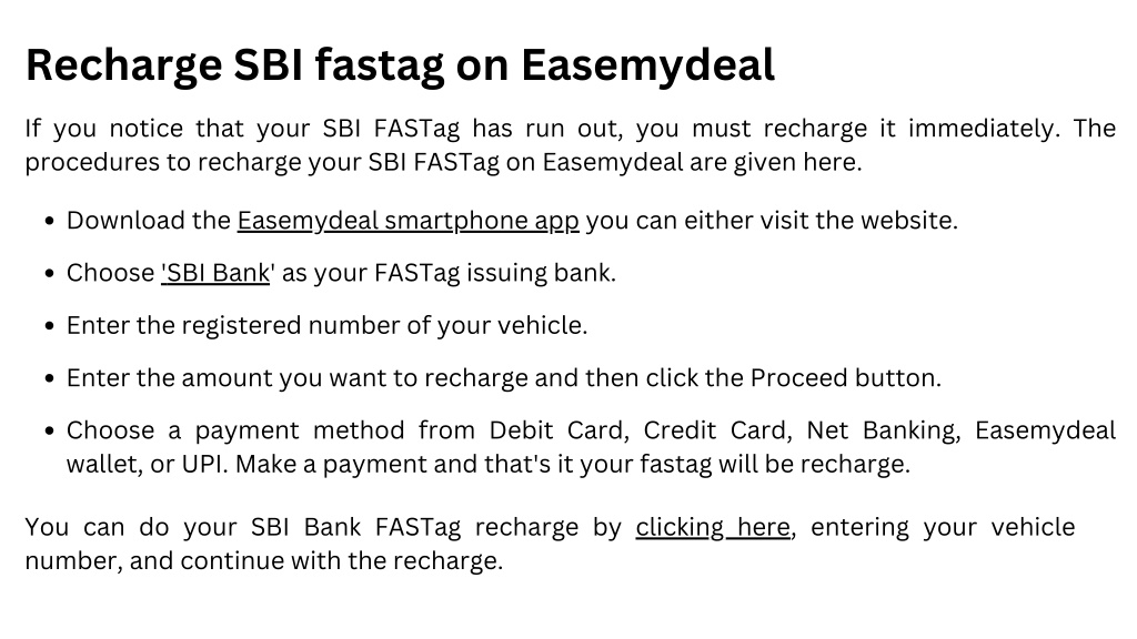 PPT - How Do I Recharge My SBI FASTag Using Easemydeal PowerPoint ...