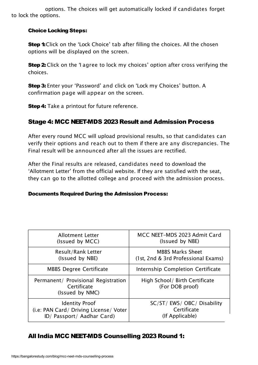 Mcc Mds Counselling 2025