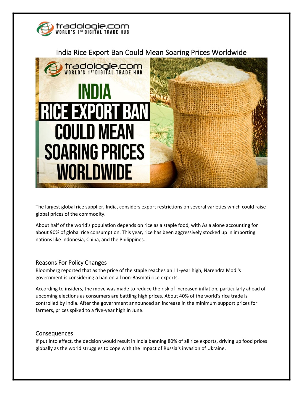 PPT India Rice Export Ban Could Mean Soaring Prices Worldwide