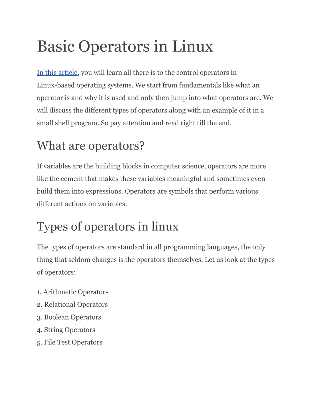 assignment operators in linux