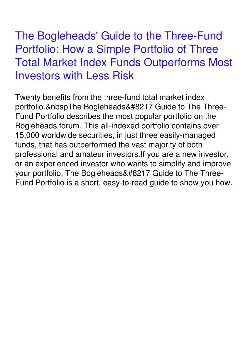 PPT - Download Book [PDF] The Bogleheads' Guide To The Three-Fund ...