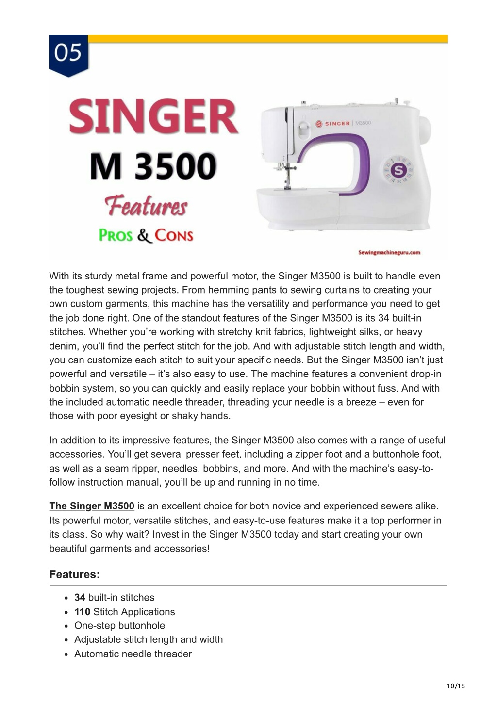 Singer M3500 Portable Sewing Machine With 110 Stitch Applications