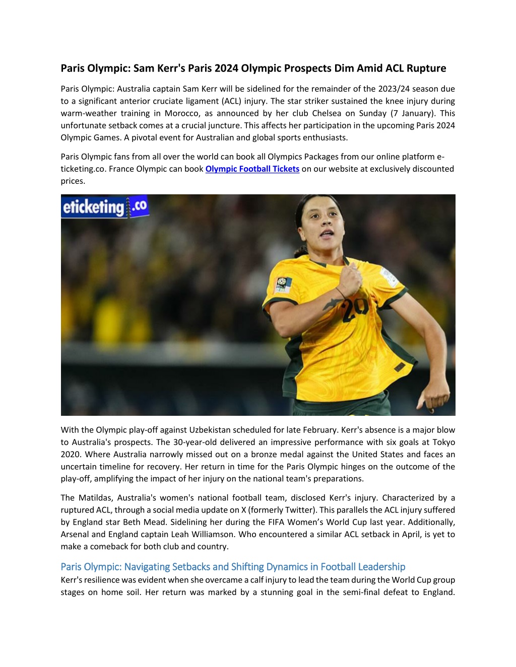 PPT Paris Olympic Sam Kerr's Paris 2024 Olympic Prospects Dim Amid