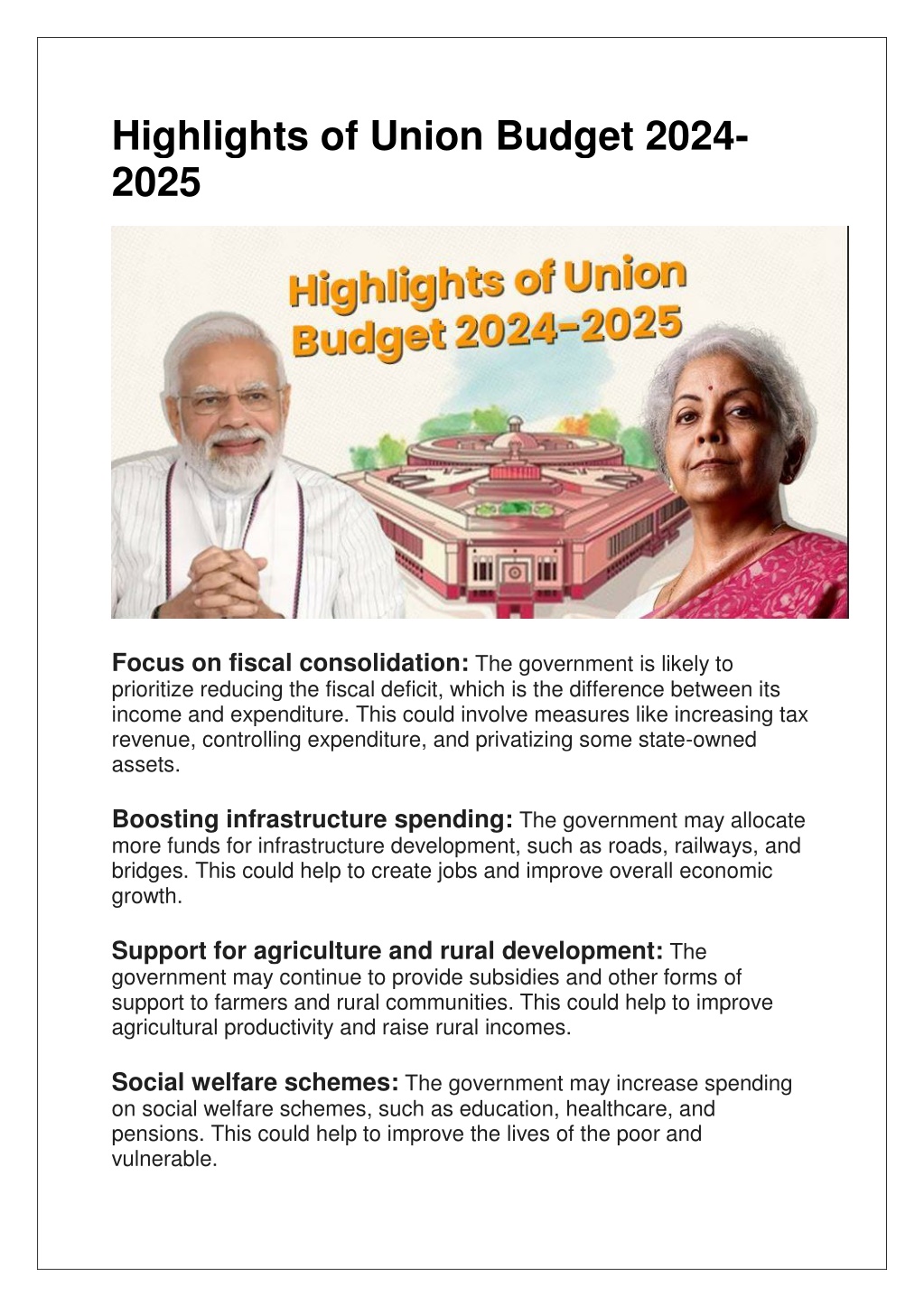 PPT Highlights of Union Budget 2024 2025 PowerPoint Presentation