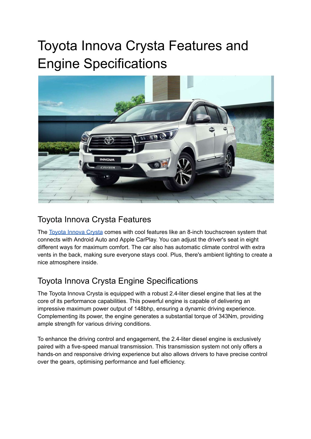 PPT - Toyota Innova Crysta Features and Engine Specifications ...