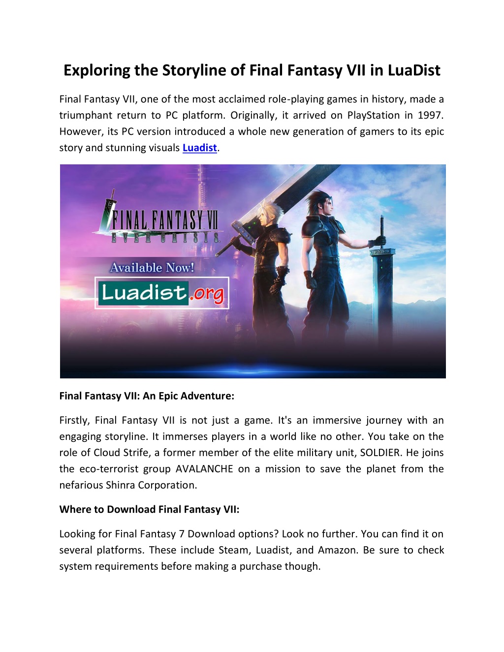PPT - Exploring the Storyline of Final Fantasy VII in LuaDist PowerPoint  Presentation - ID:12930775