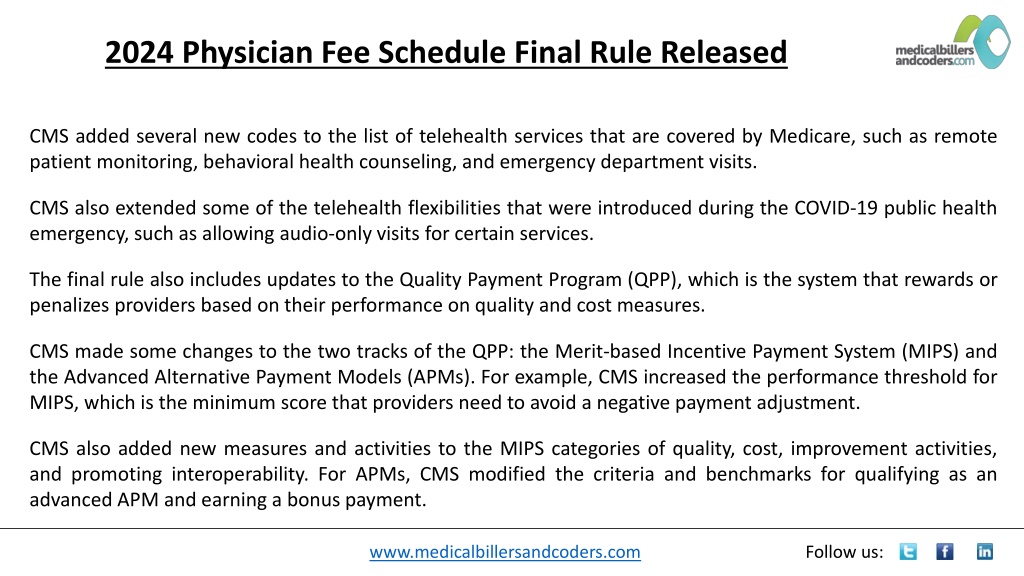 PPT 2024 Physician Fee Schedule Final Rule Released PowerPoint Presentation ID12934810