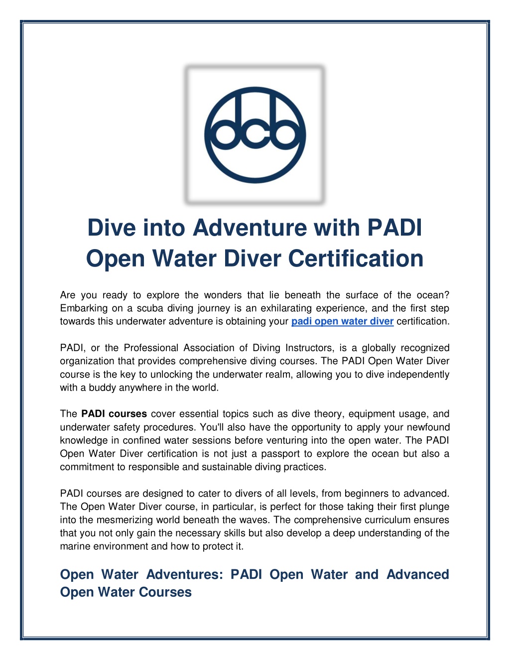 Dive deeper into your passion! Join us for our PADI Advanced Open