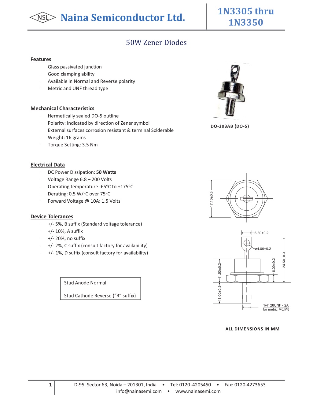 PPT - ZENER DIODE 50 WATT, 130V, 5%, 2-PIN, DO-5 (1N3344B) PowerPoint ...