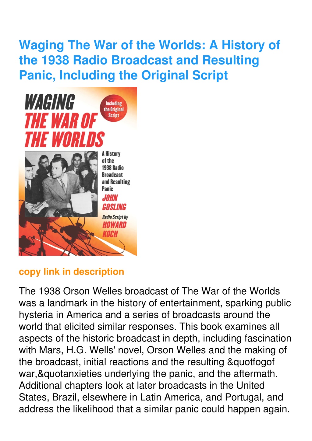 War Of The Worlds Radio Broadcast Download PPT - pdf⚡ Waging The War of the Worlds: A History of the 1938 Radio
