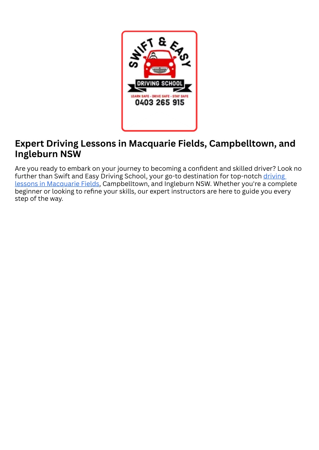 PPT Driving Lessons Macquarie Fields PowerPoint Presentation, free download ID13400067