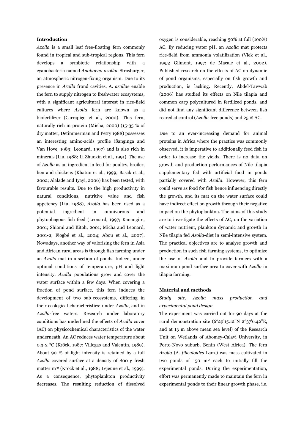 PPT - Effect of covering water surface with azolla (Azolla filiculoides ...